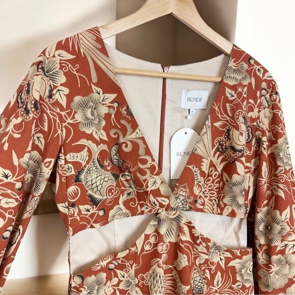 NWT Rumer Linen Rust Floral Print Cut Out Long Sleeve Mini Dress - Picture 4 of 6